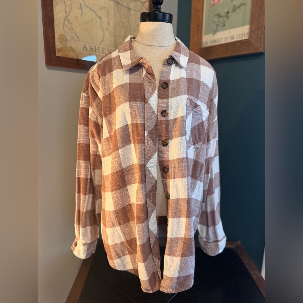 Maurices Brown and Cream Plaid Button-Front Shirt